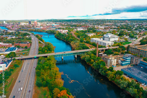 Aerial Drone Photography Of Downtown Manchester, NH (New Hampshire) During The Fall Foliage Season