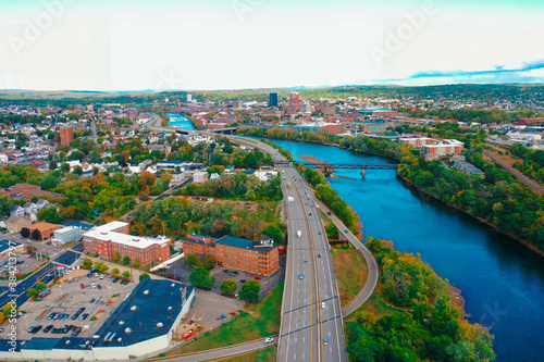 Fototapeta Naklejka Na Ścianę i Meble -  Aerial Drone Photography Of Downtown Bedford, NH (New Hampshire) During The Fall Foliage Season