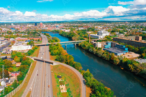 Fototapeta Naklejka Na Ścianę i Meble -  Aerial Drone Photography Of Downtown Manchester, NH (New Hampshire) During The Fall Foliage Season