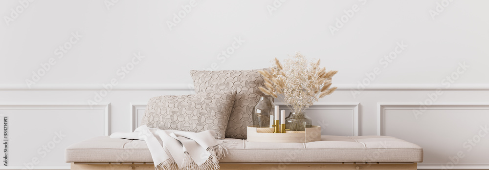 Wall mockup in contemporary living room design, empty white wall background, panorama - obrazy, fototapety, plakaty 