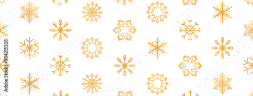 Christmas texture with gold snowflakes. New Year background. Celebration banner. Golden snowflake with different ornament. Luxury Holiday card. Vector illustration