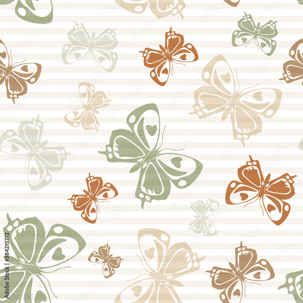 Obraz premium Flying butterfly silhouettes over striped background vector seamless pattern.