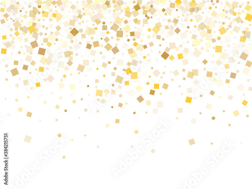 Geometric gold confetti sequins sparkles scatter on white. VIP Christmas vector sequins background. Gold foil confetti party particles illustration. Light dust pieces party background.