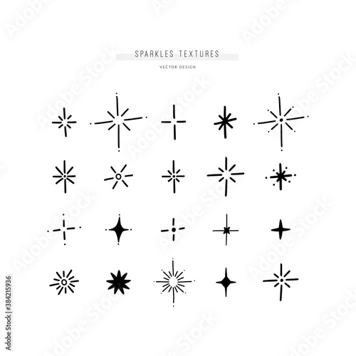 Set of 20 different stars and sparkles, sunbursts, comets. Bundle of various shining textures and decorations. Vector hand drawn elements. 