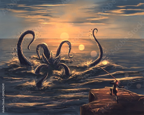 Photography Kraken in the sea at sunset