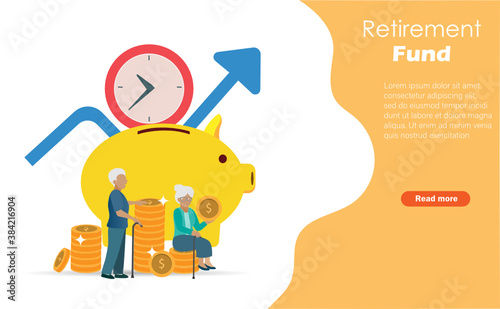 Happy senior/retirement couple enjoy saving money on piggy bank. Long term investment fund and financial preparation planning for elderly people concept.