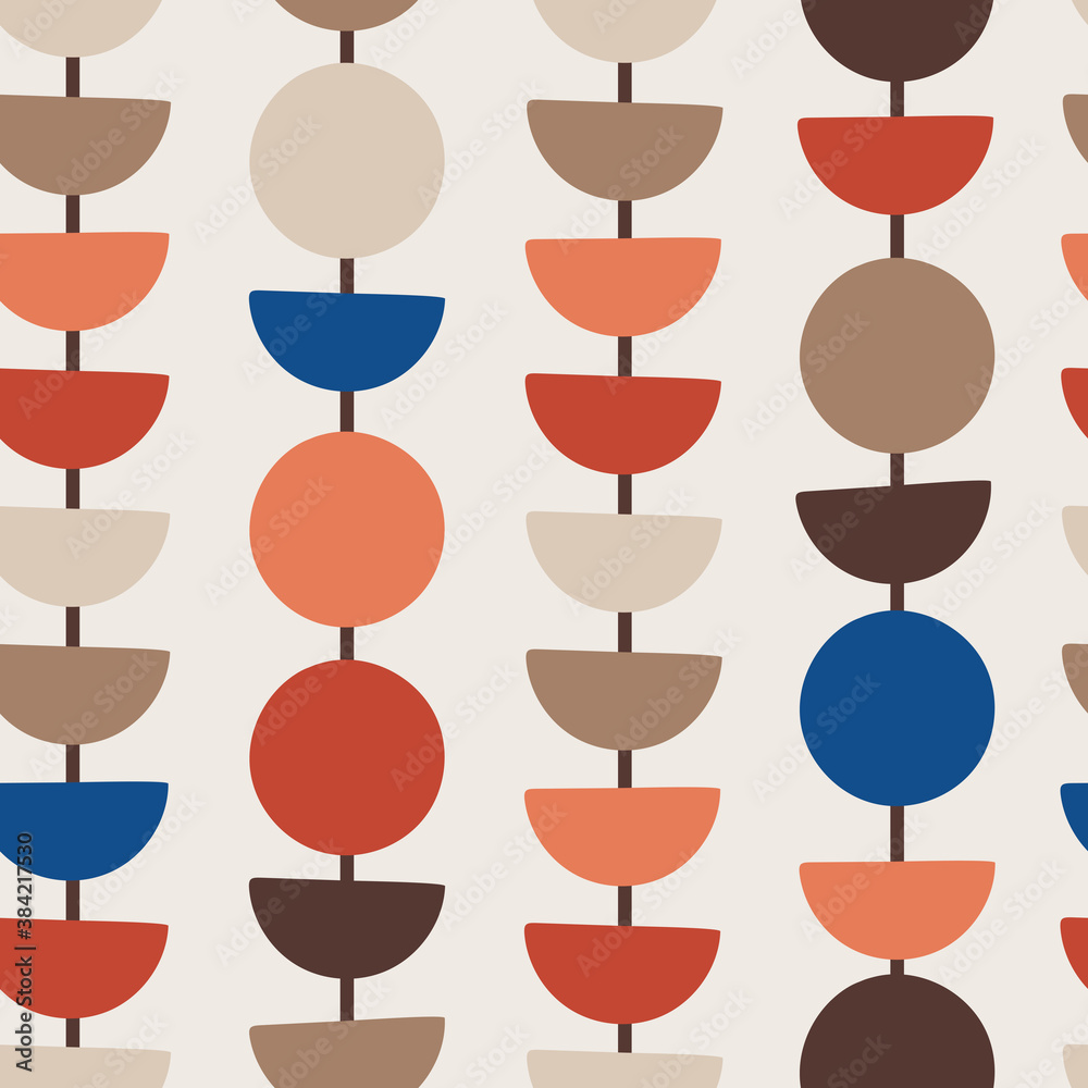 Mid Centrury outline seamless repeat pattern with shapes, circles and half circles in retro colors Mid Centrury outline seamless repeat pattern with shapes, circles and half circles in retro colors