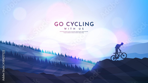 Vector landscape. Silhouettes of mountains, forest, meadow. Cyclist with a backpack rides a mountain bike on the rocks. Mountain trip. Realistic trees. Blue foggy background. Panoramic wallpapers