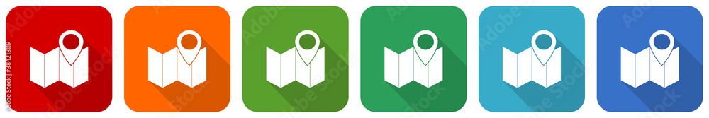 Marker, map, location and travel icon set, flat design vector illustration in 6 colors options for webdesign and mobile applications Marker, map, location and travel icon set, flat design vector illustration in 6 colors options for webdesign and mobile applications