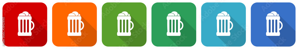 Beer icon set, flat design vector illustration in 6 colors options for webdesign and mobile applications