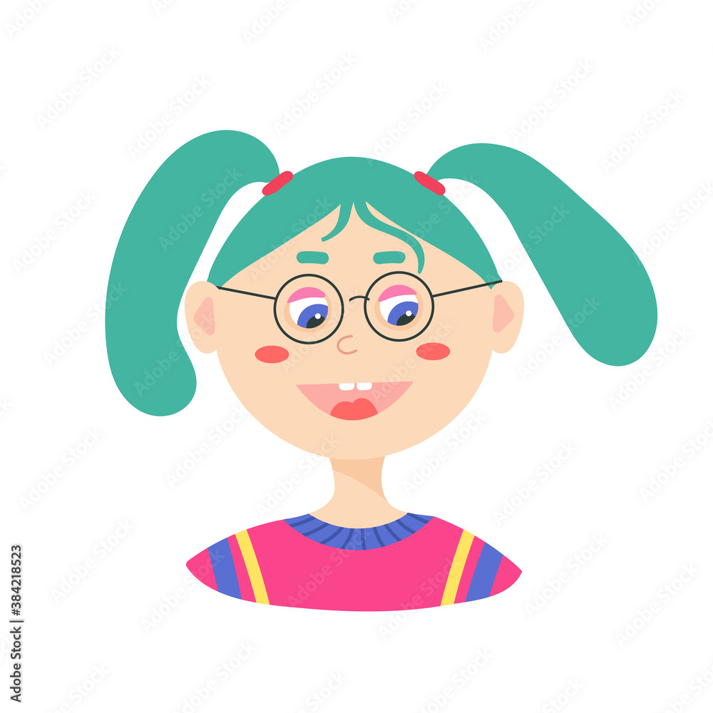 vector illustration of a smiling positive girl in flat style. colorful teenager with ponytails, round head, green hair.isolated on white background. woman comic portrait. vector illustration of a smiling positive girl in flat style. colorful teenager with ponytails, round head, green hair.isolated on white background. woman comic portrait.
