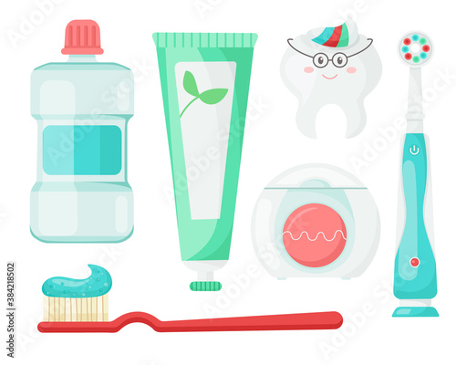 dentist vector set of equipment for cleaning teeth in cartoon style. elements to care for the health of oral cavity.isolated on white background.products for protection against caries.morning hygiene.