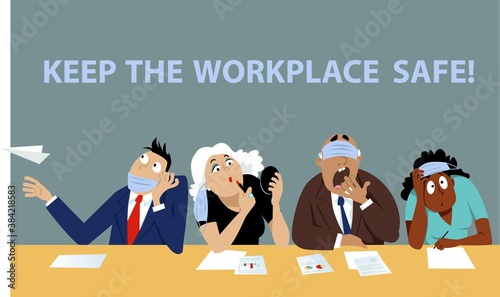 People on a business meeting after Covid-19 lockdown wearing face masks improperly, EPS 8 vector illustration