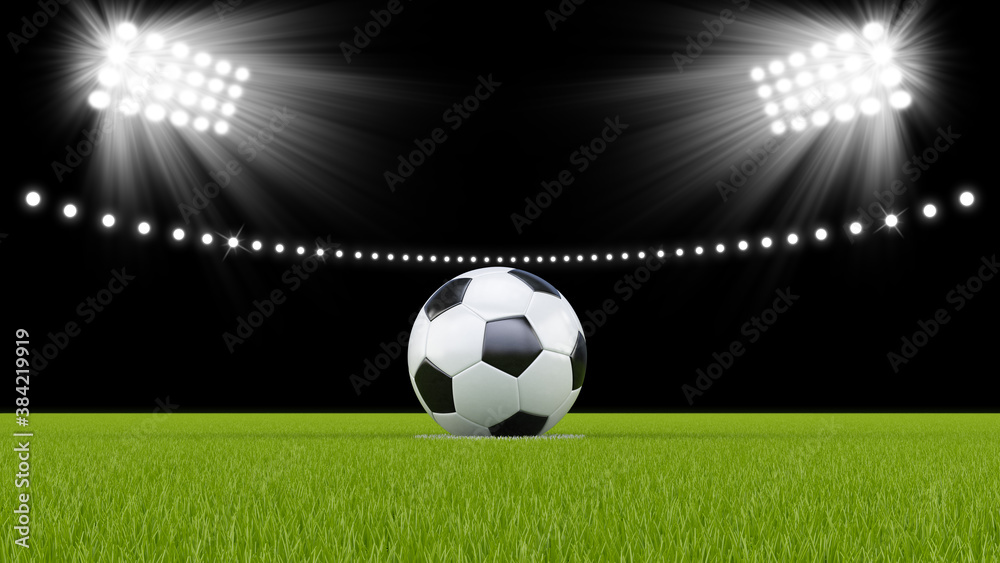 Soccer ball or football in the middle of the field with bright stadium lights