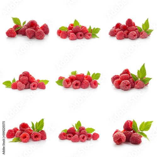 Fototapeta Naklejka Na Ścianę i Meble -  Raspberries collection with leaf isolated on white background