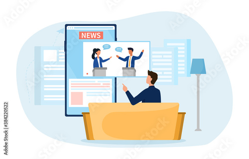 Political news concept. A man watches on a smartphone screen a broadcast of a debate between two politicians, a man and a woman. Flat cartoon vector illustration