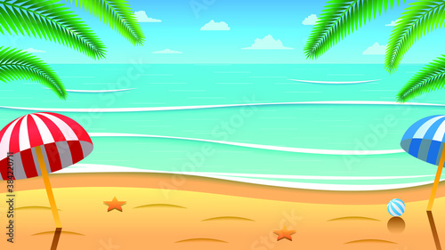 Fototapeta Naklejka Na Ścianę i Meble -  Abstract Nature Water Beach Background With Wave Sand Palm And Umbrellas Vector Design Style Landscape