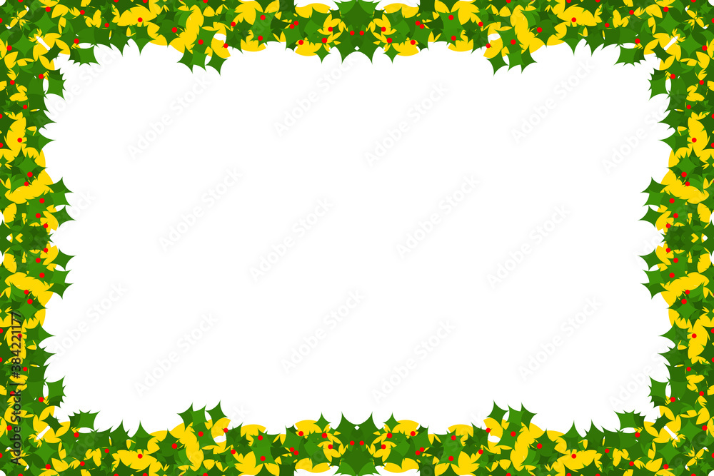 golden frame with green leaves and small red circles on white background copy space,vector illustration golden frame with green leaves and small red circles on white background copy space,vector illustration