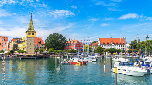 Lindau town in Bavaria, Germany. Panorama of harbor at Lake Constance (Bodensee) in summer.
