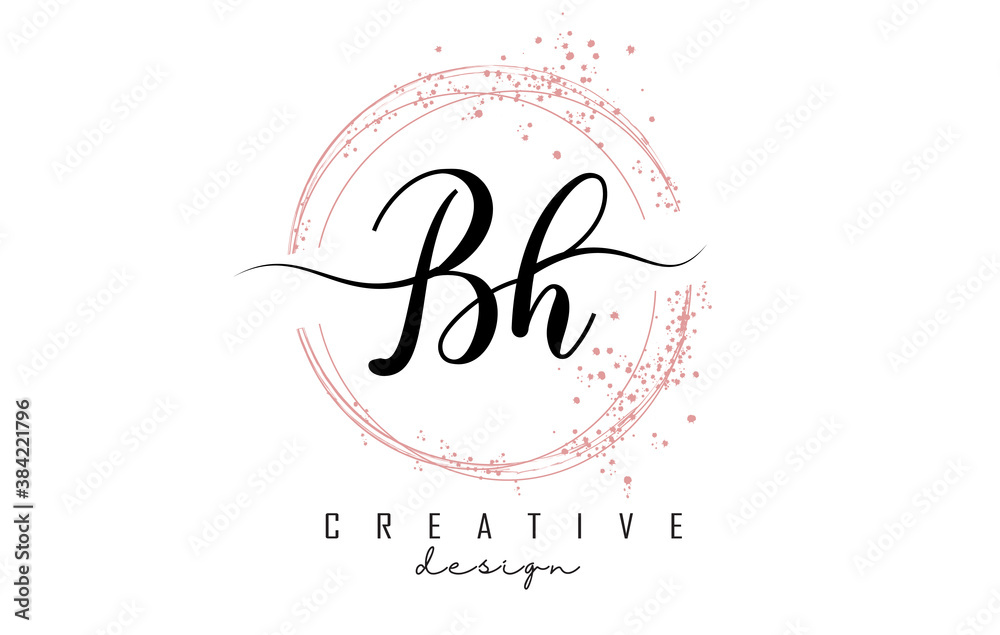 Handwritten Bh B h letter logo with sparkling circles with pink glitter.  Stock Vector