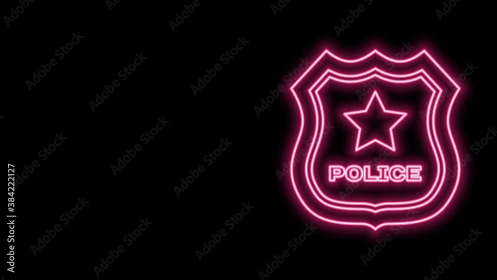 Glowing neon line Police badge icon isolated on black background. Sheriff badge sign. 4K Video motion graphic animation Glowing neon line Police badge icon isolated on black background. Sheriff badge sign. 4K Video motion graphic animation