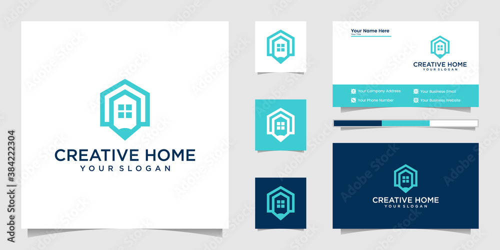 creative home and pencil logo line art style and business card