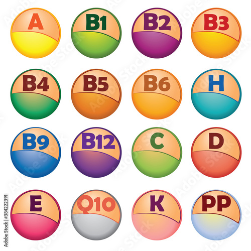 Colorful vector set of vitamin complex on glossy balls for science articles, infographics, medicine, health magazines