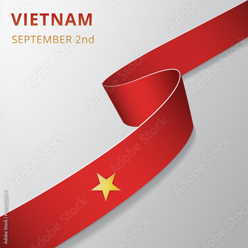 Flag of Vietnam. 2nd of September. Vector illustration. Wavy ribbon on gray background. Independence day. National symbol. Graphic design template.