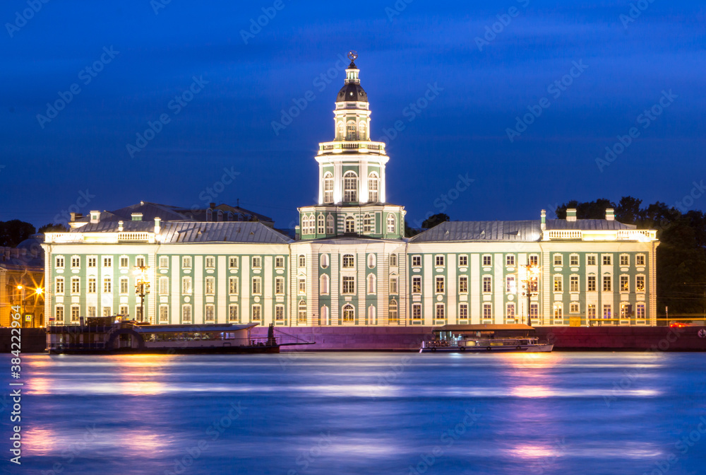 Night view of the Kunstkamera Museum in Saint Petersburg