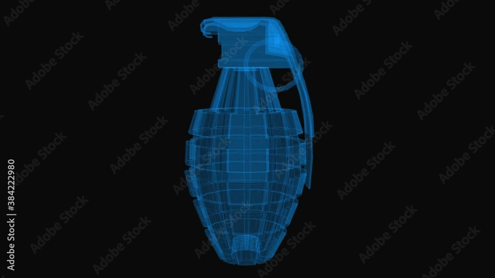 Grenade wireframe scheme. 3d render with blue grid lines. Loop rotation on black background. Grenade wireframe scheme. 3d render with blue grid lines. Loop rotation on black background.