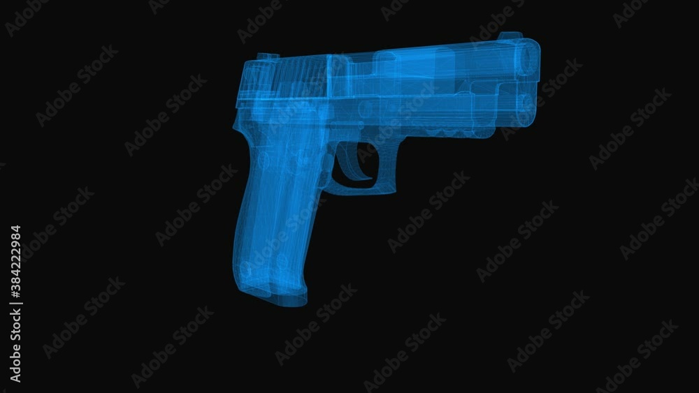 Handgun wireframe scheme. 3d render with blue grid lines. Loop rotation on black background. Handgun wireframe scheme. 3d render with blue grid lines. Loop rotation on black background.