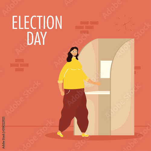 election day lettering with young woman in voting cubicle