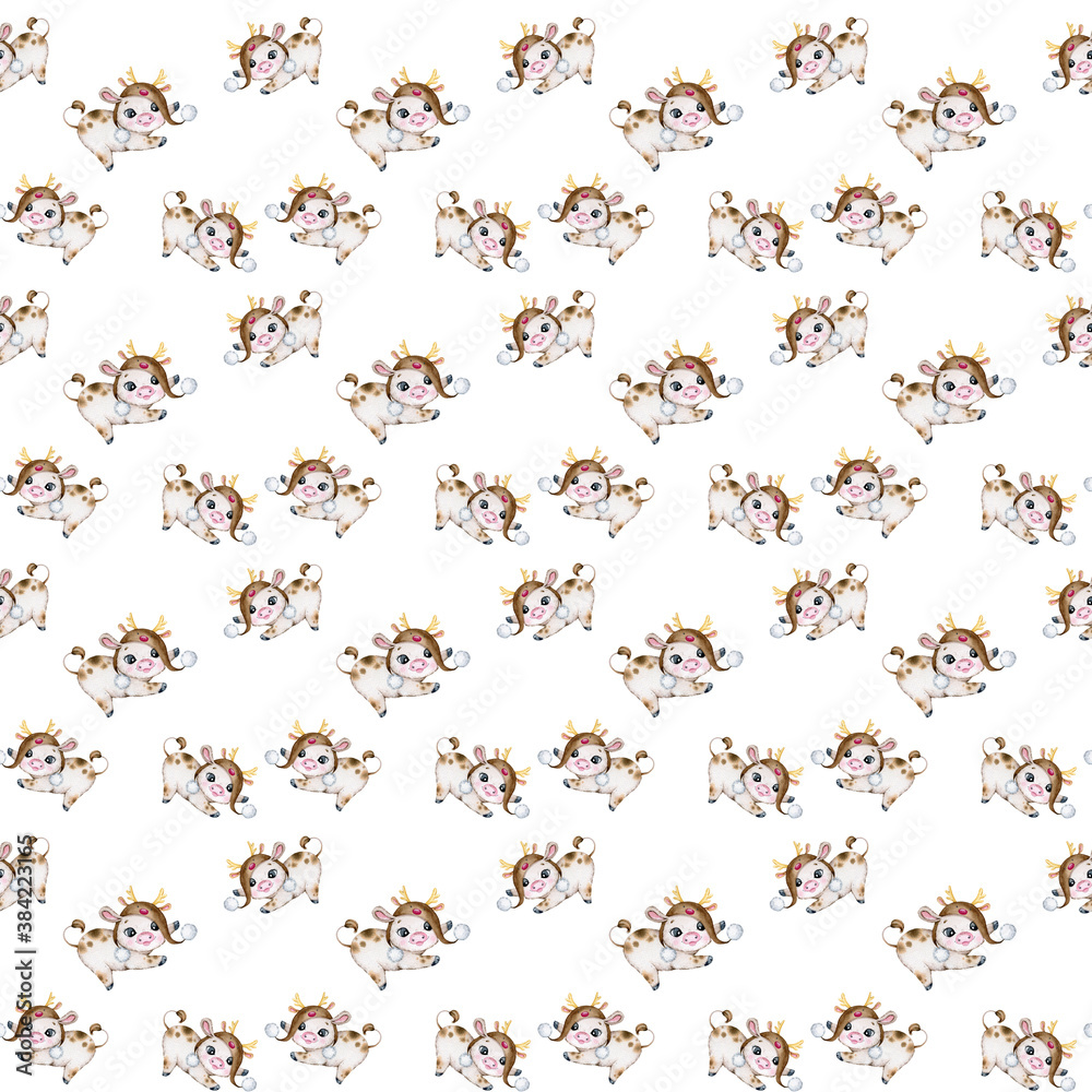 Watercolor Christmas and New Year seamless pattern, Cute little Bulls Pattern