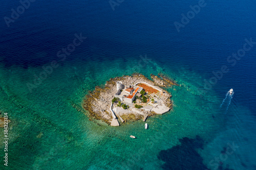 Montenegro. Island and Monastery of the Holy Introduction, Church of the Introduction of the Blessed Virgin Mary. Monastery in the sea.