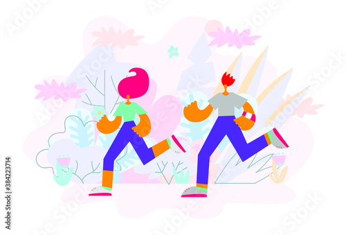Happy couple running around in the park. Man and woman is engaged in fitness. Morning jogging. Active and healthy lifestyle. Vector illustration in cartoon style
