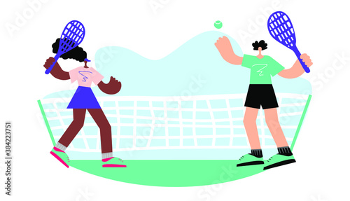 Man and woman play tennis on the court. The player gives the ball, the opponent is ready to beat back. Vector illustration.