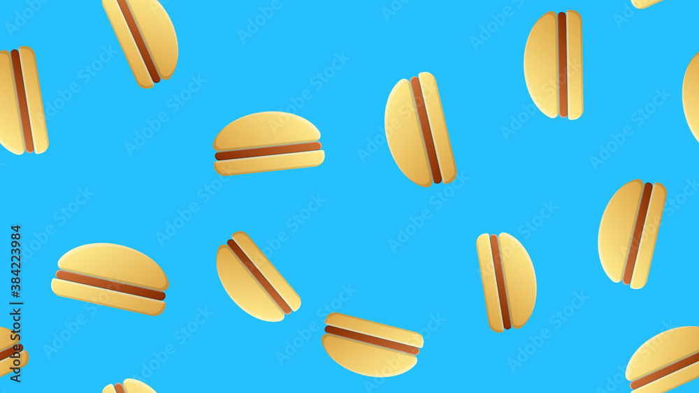 Fototapeta premium colored and bright burgers on a blue background, vector illustration. junk food pattern. fast food wallpaper, social media icon. delicious burger with natural filling
