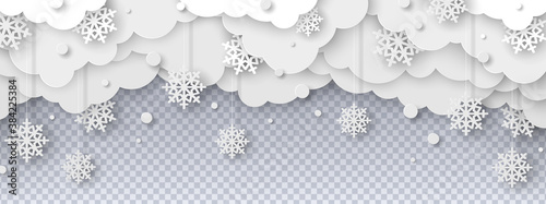 Fototapeta Naklejka Na Ścianę i Meble -  Falling snow on transparent background in paper cut style. Snowstorm clouds overlay effect for Christmas and New Year Design. Vector illustration