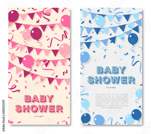 It's a girl and boy, baby shower vertical poster set, invitation or banner with blue and pink typography design, balloons and bunting. Vector illustration with retro light bulbs font.