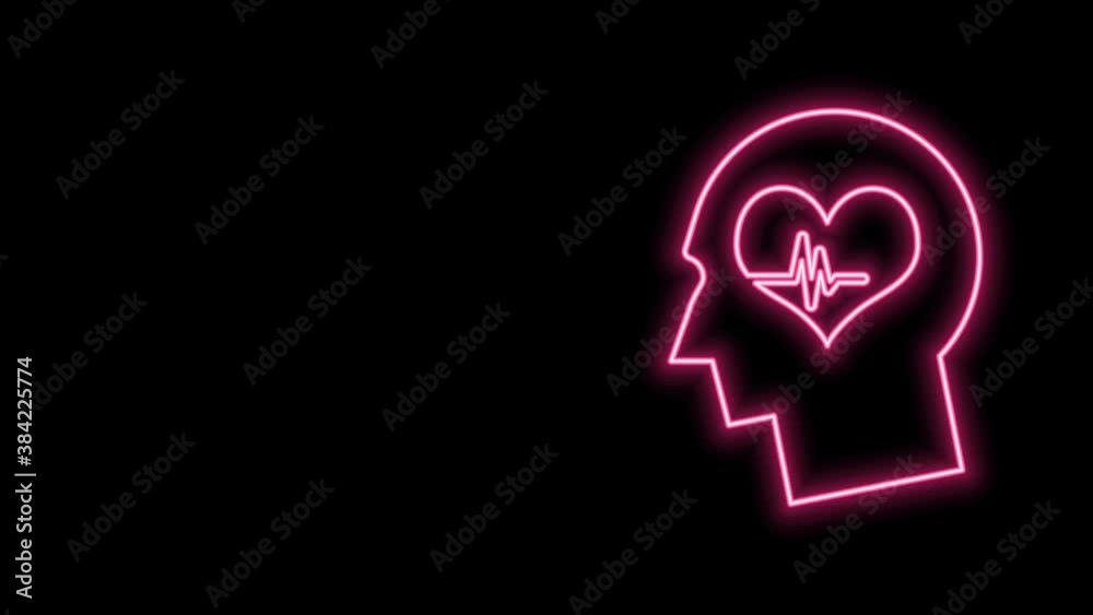 Glowing neon line Male head with a heartbeat icon isolated on black background. Head with mental health, healthcare and medical sign. 4K Video motion graphic animation Glowing neon line Male head with a heartbeat icon isolated on black background. Head with mental health, healthcare and medical sign. 4K Video motion graphic animation