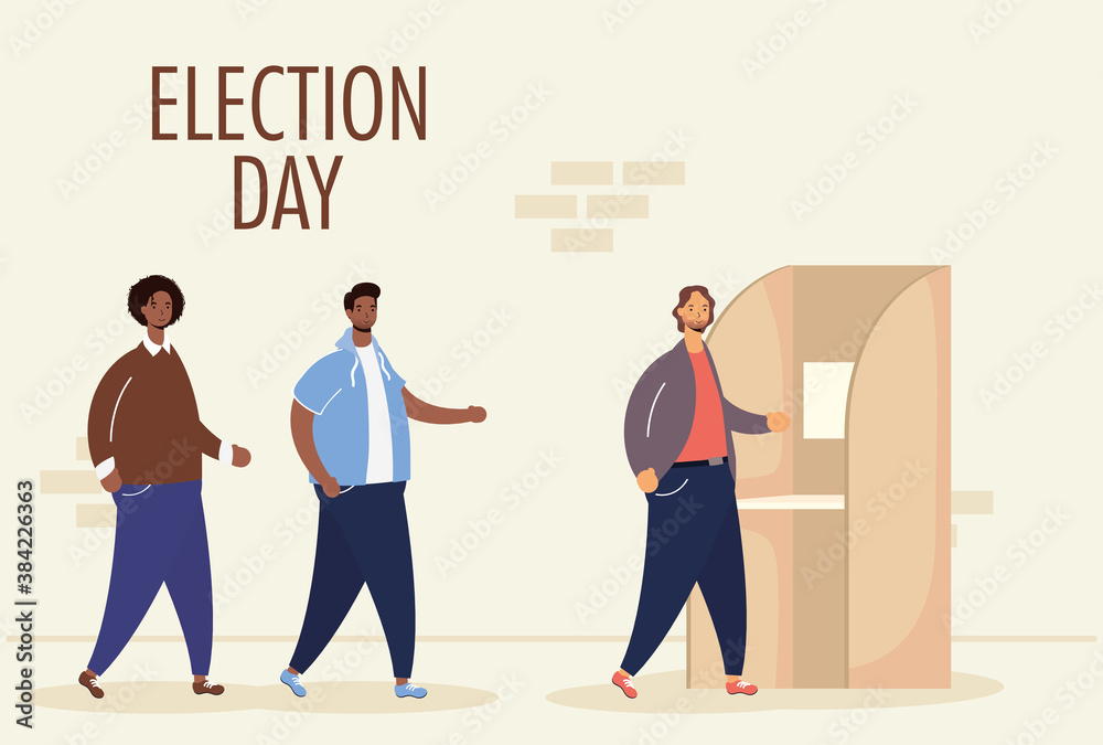 election day lettering with interracial men group in voting cubicle