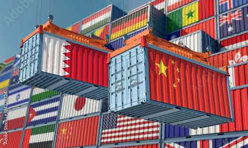 Freight containers with Bahrain and China national flags. 3D Rendering