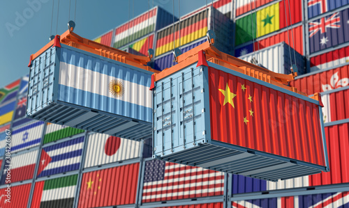 Freight containers with Argentina and China national flags. 3D Rendering