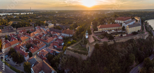 Aerial panorama view of Petrovaradin fortress. Sunrising over Petrovaradin fortress. photo