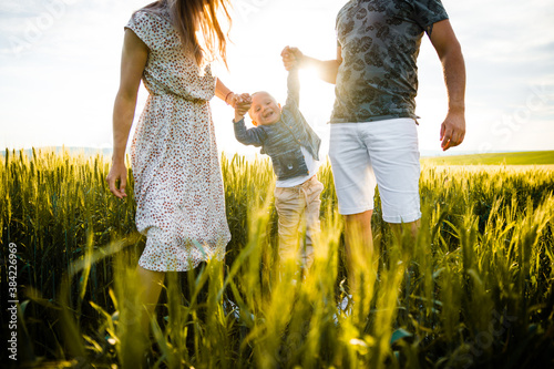 Foto Happy family in the bright green grass at sunset.