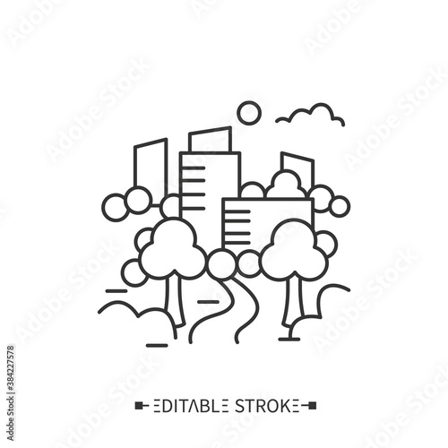 Urban forest line icon. Municipal forestry, urban greening, gardening. Deforestation problem. City park, square. Eco city concept. Earth day. Isolated vector illustration. Editable stroke 