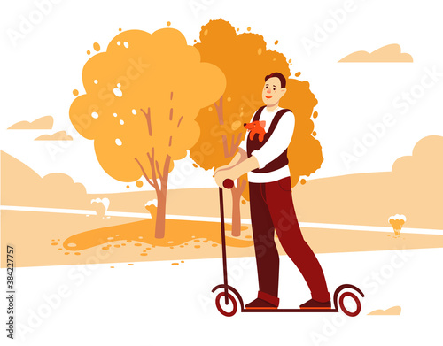 A man rides an electric scooter with a dog in a backpack. Autumn. Vector  illustration.