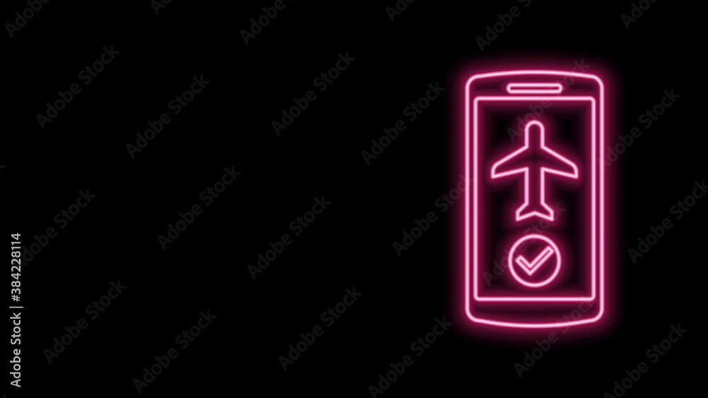 Glowing neon line Flight mode in the mobile phone icon isolated on black background. Airplane or aeroplane flight offline mode passenger regulation airline . 4K Video motion graphic animation Glowing neon line Flight mode in the mobile phone icon isolated on black background. Airplane or aeroplane flight offline mode passenger regulation airline . 4K Video motion graphic animation