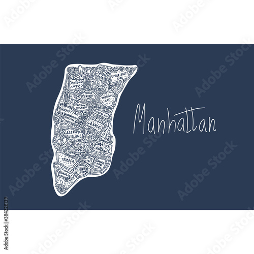 Vector map of Manhattan new York USA. Flat hand-drawn illustration on a dark background. Attractions in the United States States, city, district, tourist places clipart. The name is drawn in the