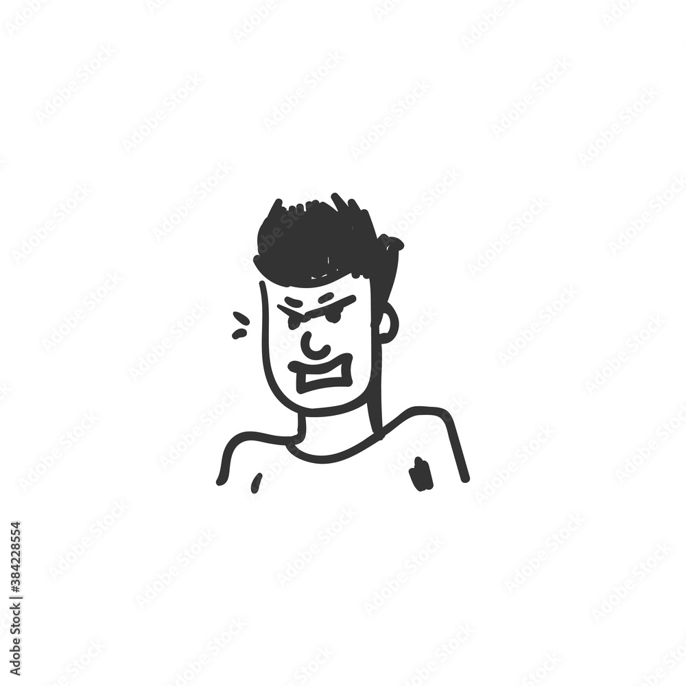 Hatred feeling icon. Hating, furious or irritated man. Outline sketch drawing. Human emotions and feelings concept. Anger, hate, or annoyance expression. Isolated vector illustration